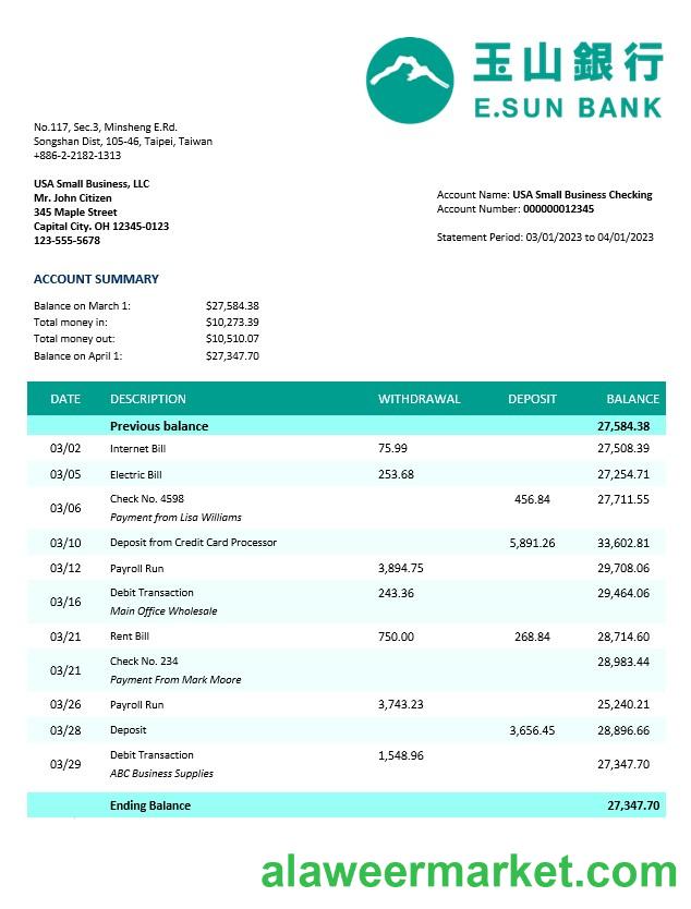 E.SUN Commercial Bank business statement Word and PDF template